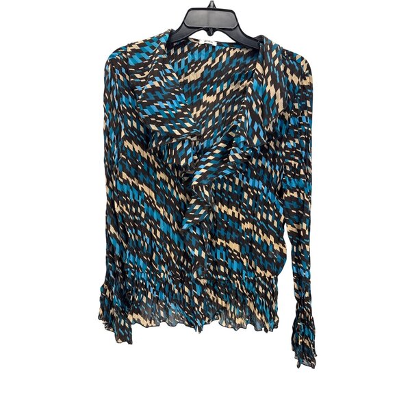 Nicola Women's Sheer Blouse Medium Black Blue Geometric Top Retro Career - Picture 2 of 7